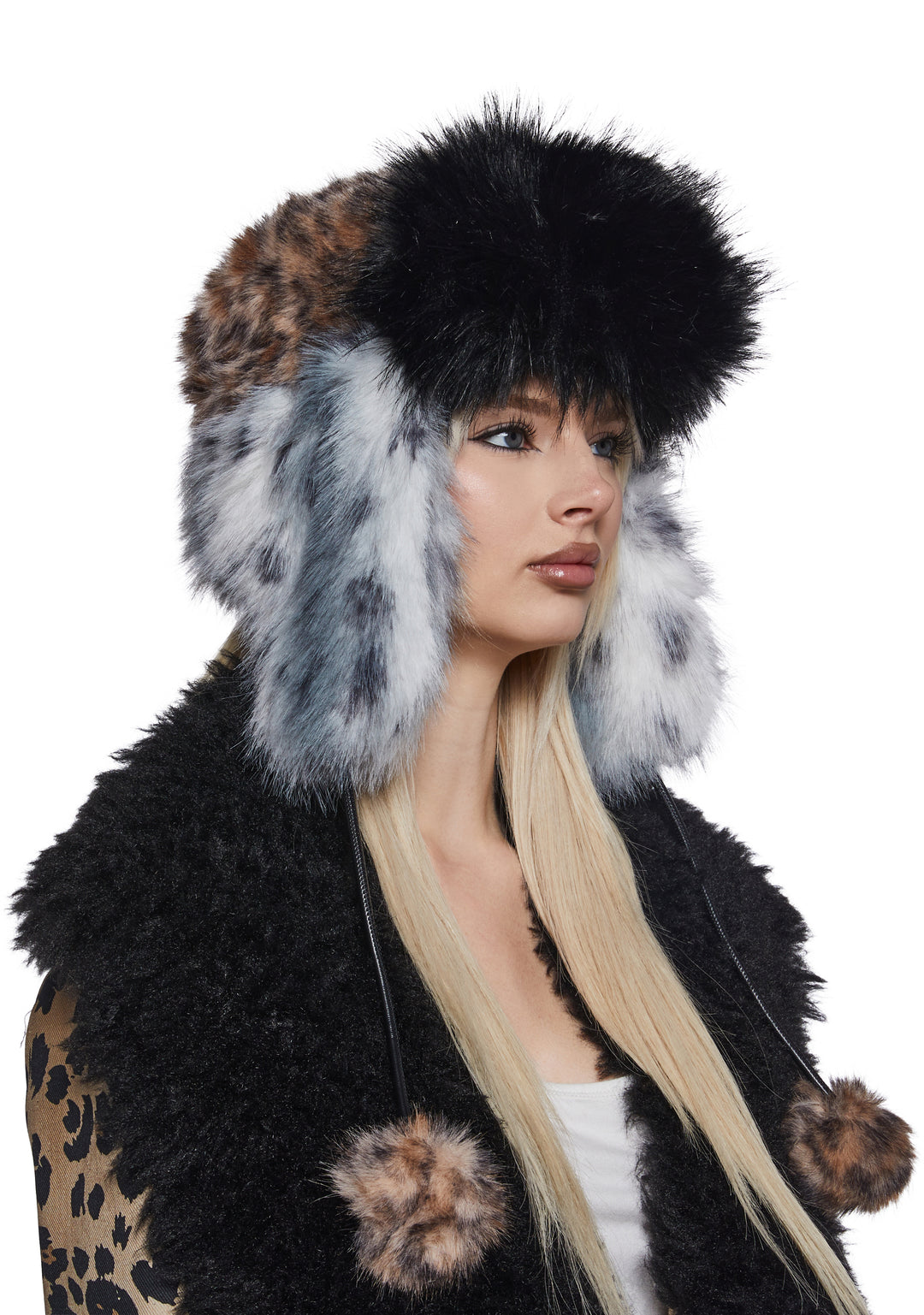 Faux Fur Leopard Flap Hat With Pom Poms Generation Kiss - Multi - Image 2
