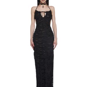 Womens Sexy Goth Shredded Maxi Dress With Slits Widow - Black