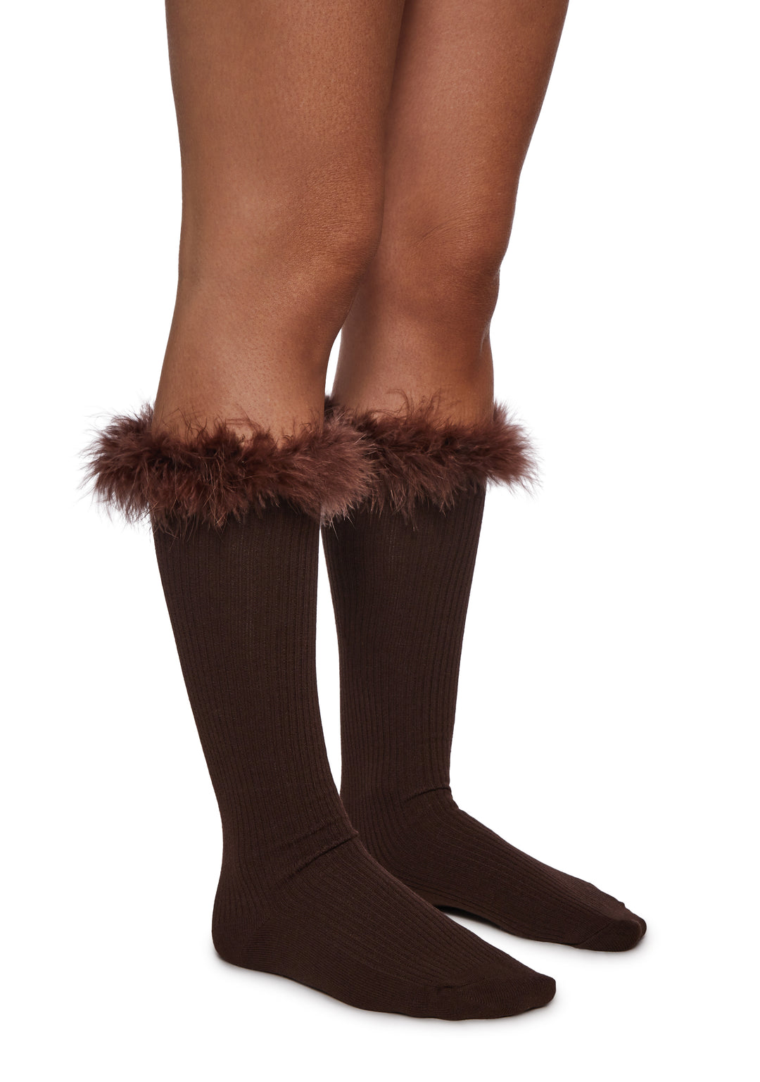 Knit Ribbed Leg Warmers With Faux Fur Trim Current Mood - Brown