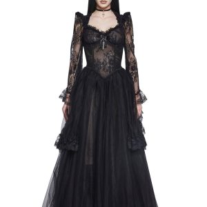 Womens Sheer Lace Maxi Dress Widow - Black