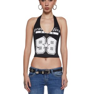 Womens Halter Jersey Top Gen Kiss - Black