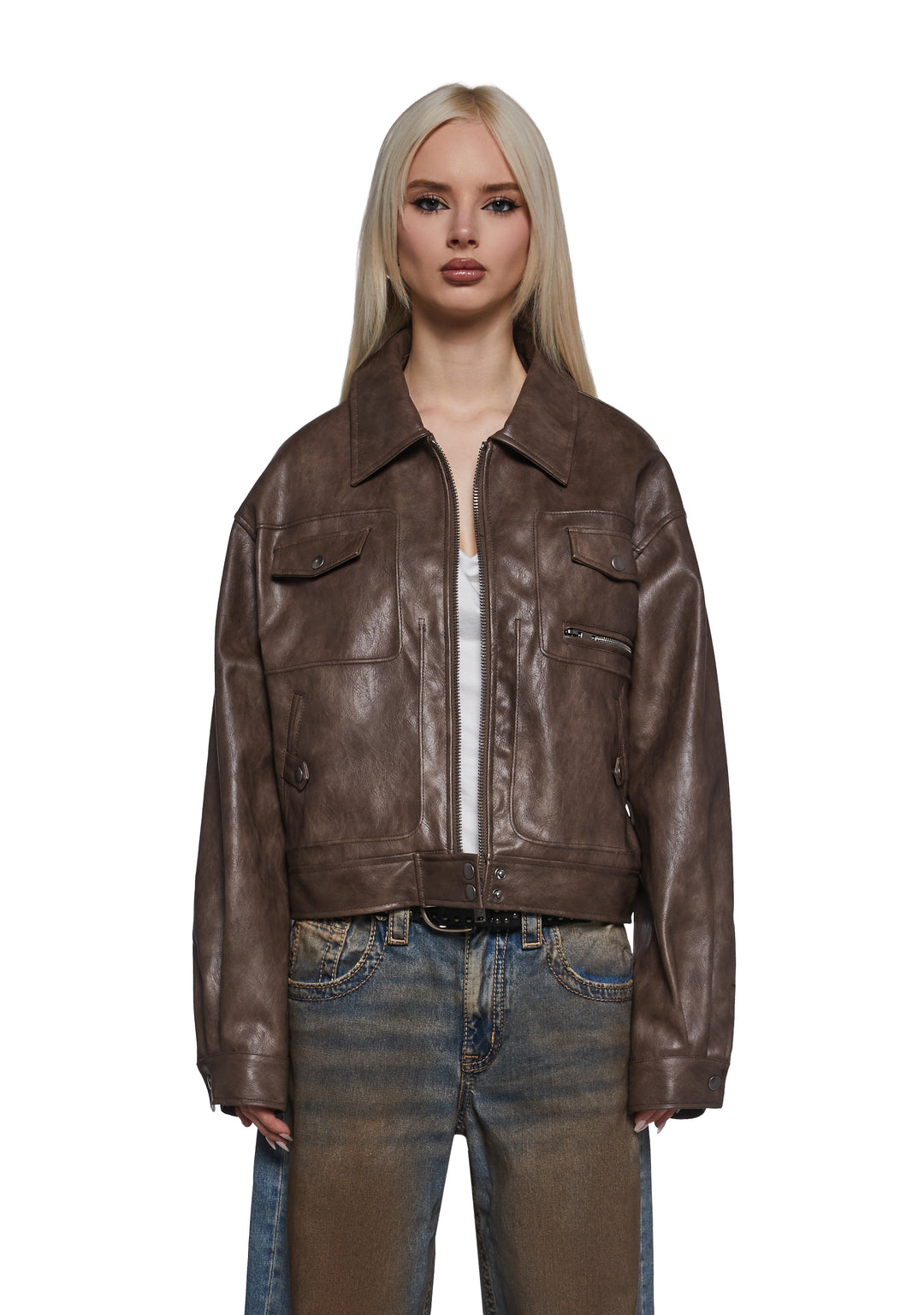 Womens Distressed Moto Jacket - Brown - Image 7