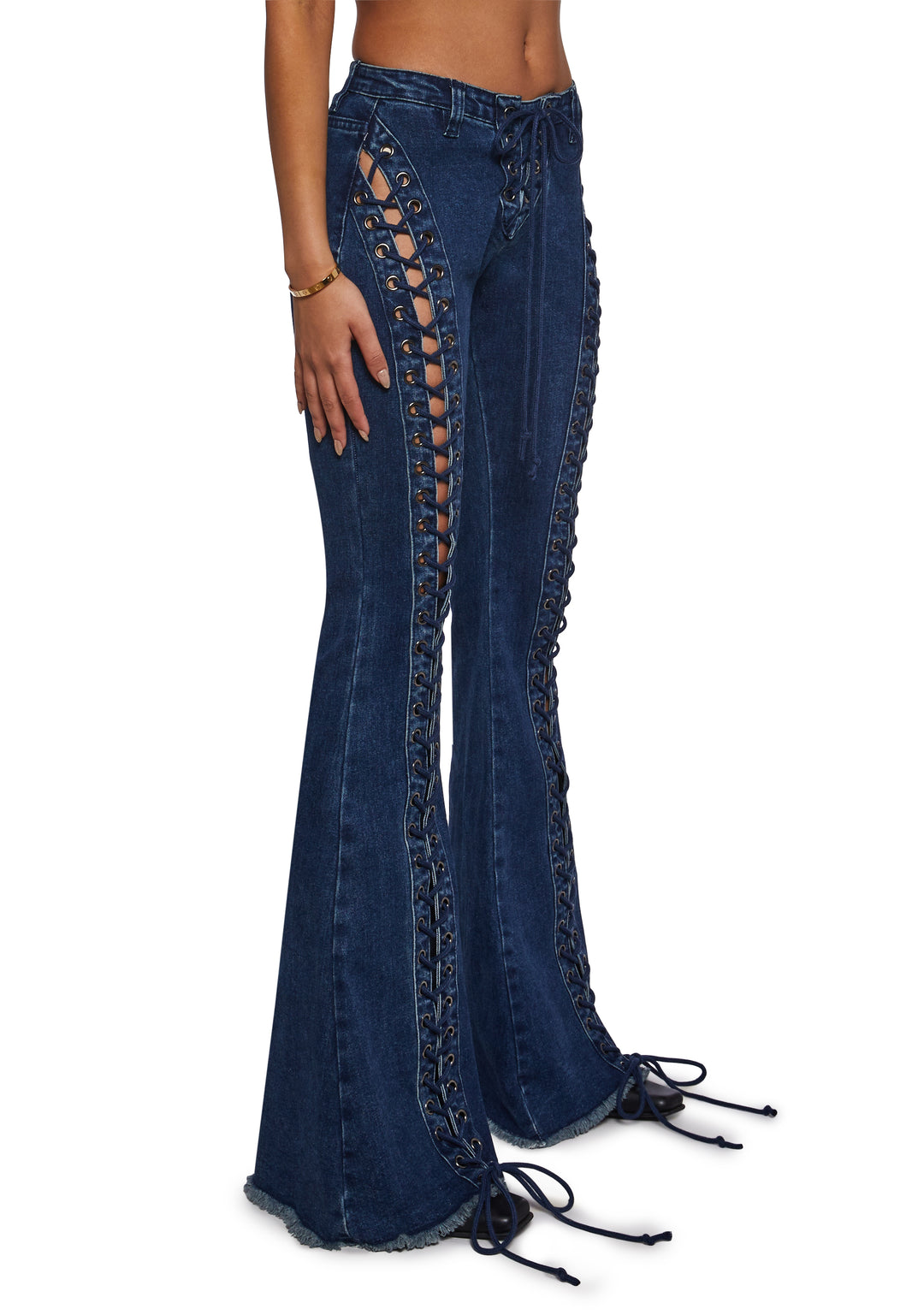 Flared Denim Lace Up Pants Jeans Current Mood - Blue - Image 3