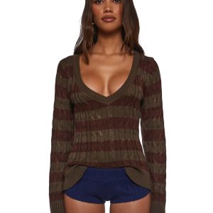 Womens Chunky Knit Striped V-Neck Sweater Current Mood - Purple
