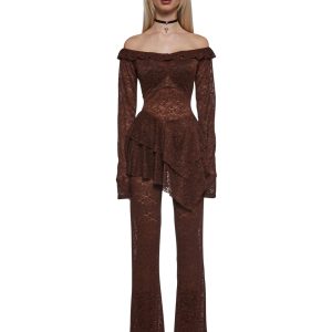 Womens Lace And Pants Set Current Mood - Brown