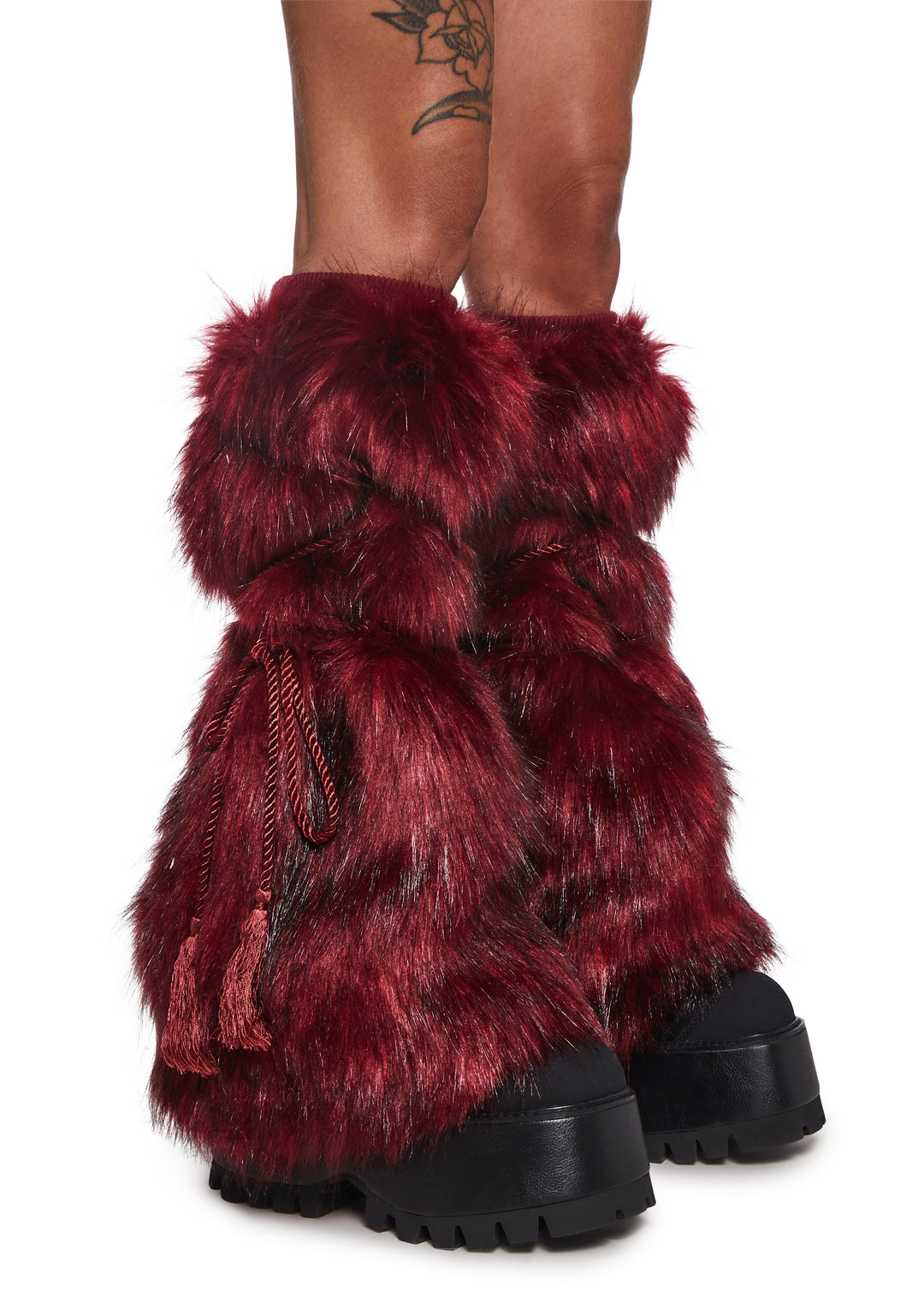 Club Exx Burning Man Faux Fur Leg Warmers With Tassel Ropes Burning Man - Red - Image 2