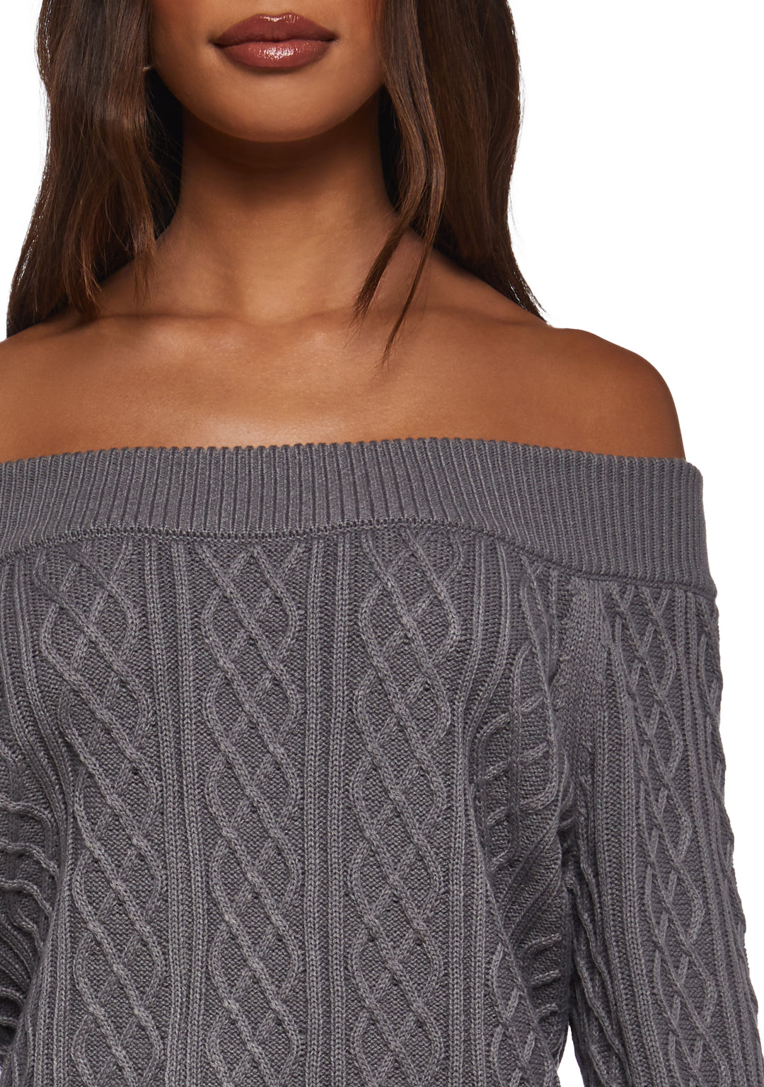 Womens Cable Knit Off The Shoulder Mini Bubble Dress Current Mood - Gray - Image 5