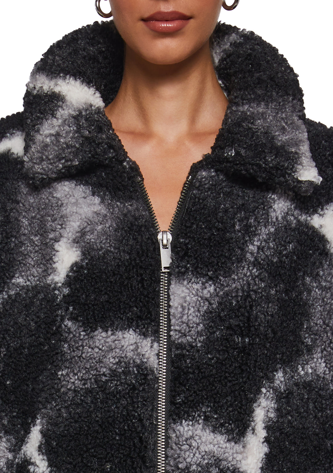 Tie Dye Print Faux Fur Sherpa Zip-Up Jacket Current Mood - Black - Image 5