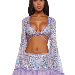J Valentine Sequin Faux Fur Trimmed Wrap Top - Purple