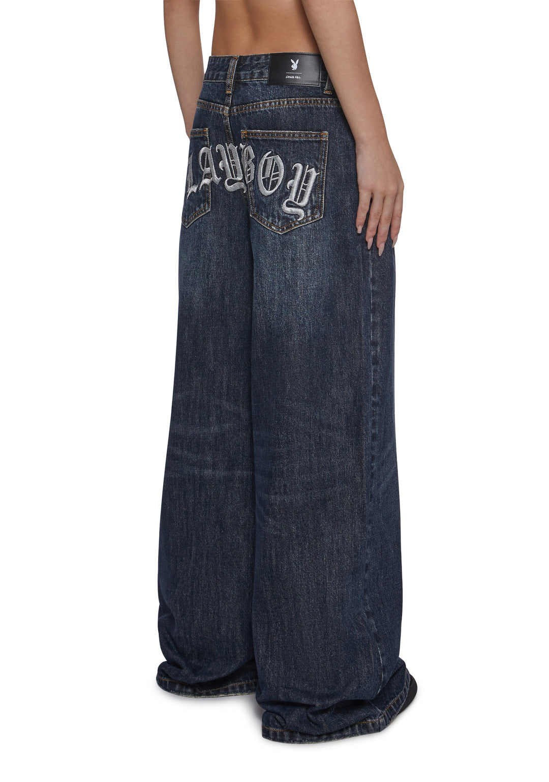Playboy by Dolls Kill Wide Leg Embroidered Jeans - Blue - Image 4