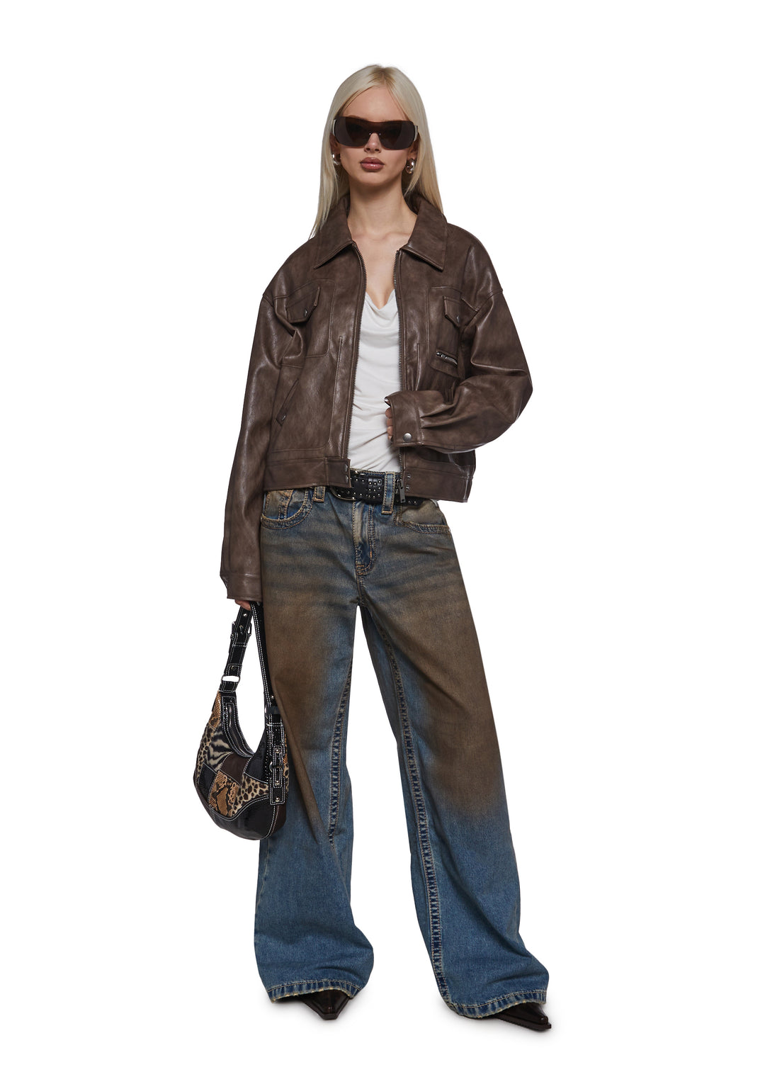 Womens Distressed Moto Jacket - Brown - Image 2