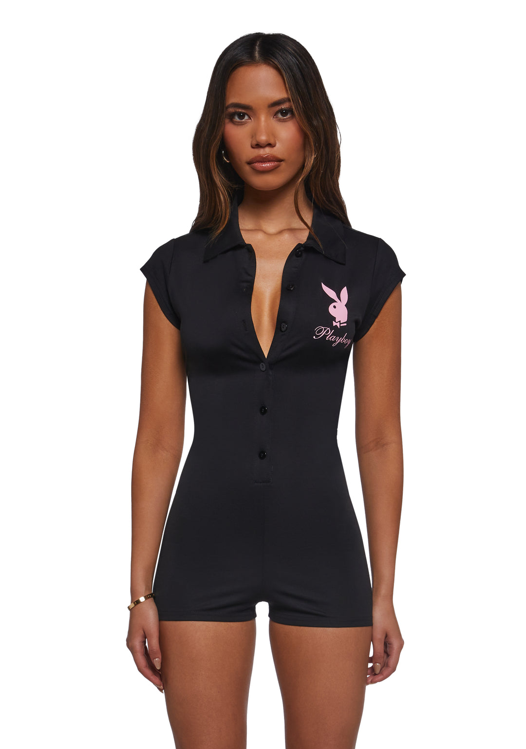 Dolls Kill x Playboy Short Sleeve Collared Romper - Black
