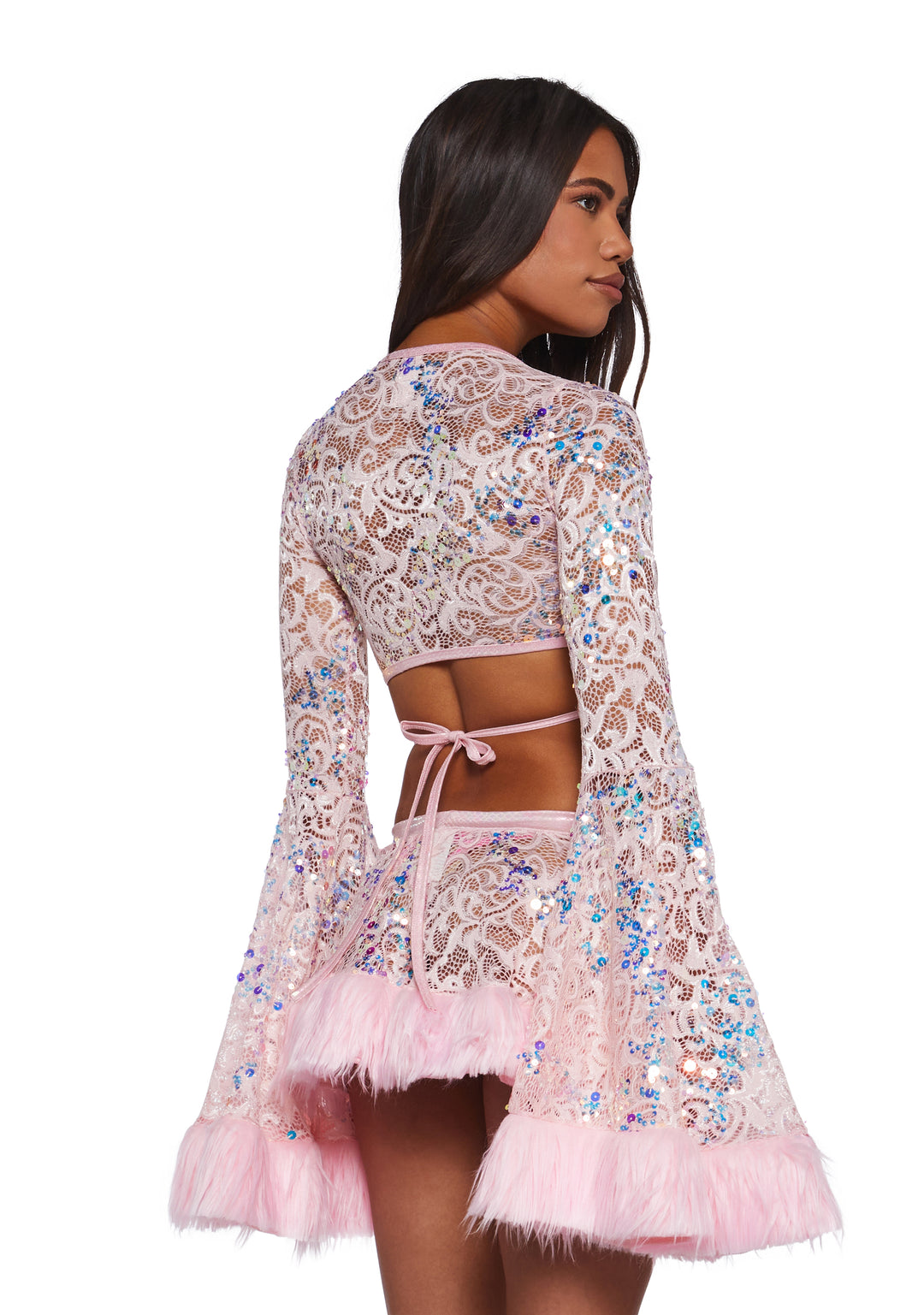 J Valentine Sequin Faux Fur Trimmed Wrap Top - Pink - Image 4