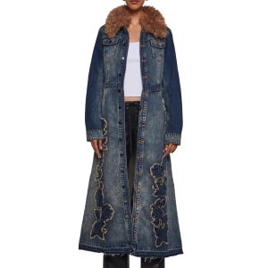 Womens Denim Maxi Coat With Rose Embroidered Applique Delias - Blue