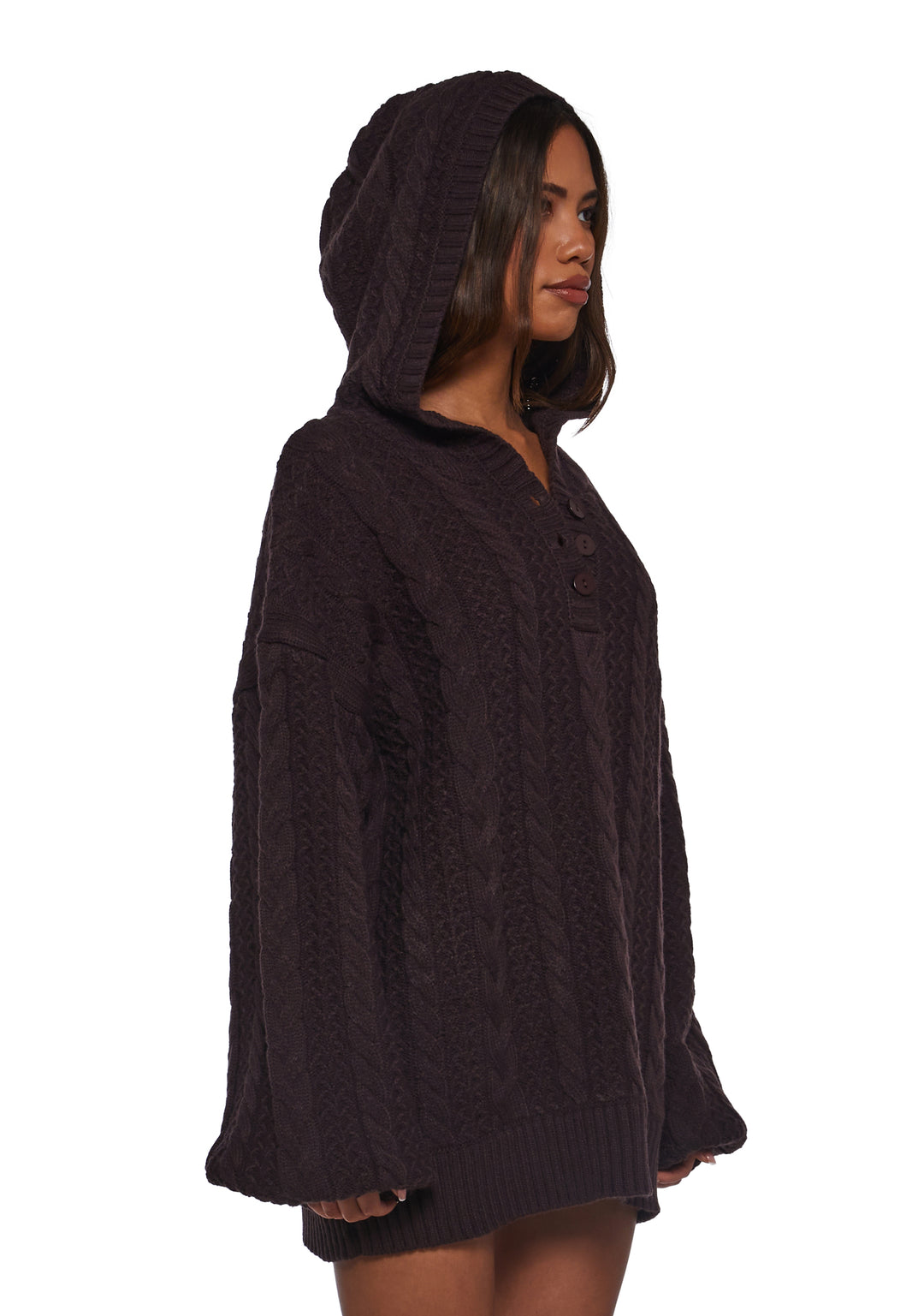 Womens Chunky Knit Pullover Hoodie Current Mood - Purple - Image 3