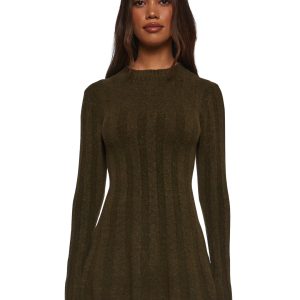 Womens Knit Ribbed Mini Dress Current Mood - Green