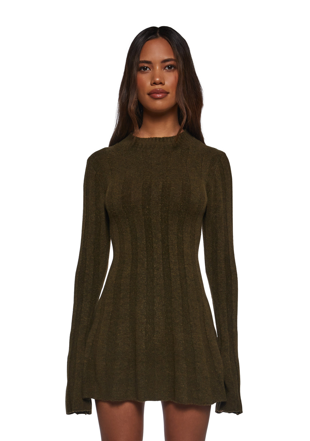 Womens Knit Ribbed Mini Dress Current Mood - Green