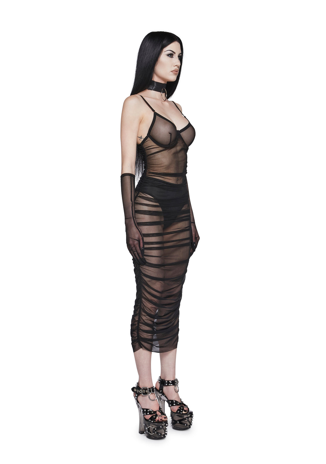 Womens Sexy Sheer Mesh Ruched Dress With Gloves Generation Kiss - Black - Image 3