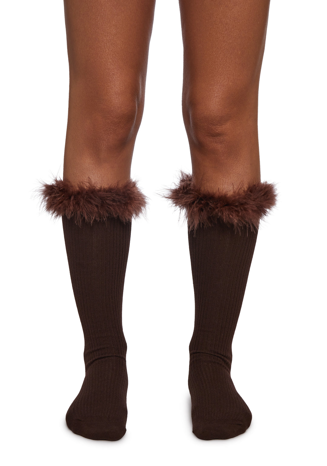 Knit Ribbed Leg Warmers With Faux Fur Trim Current Mood - Brown - Image 3