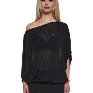 Womens Knit Off The Shoulder Mini Bubble Hem Dress - Black