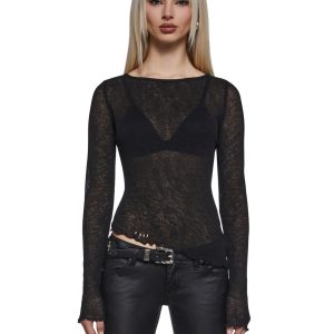 Womens Sheer Sweater Knit Top - Black