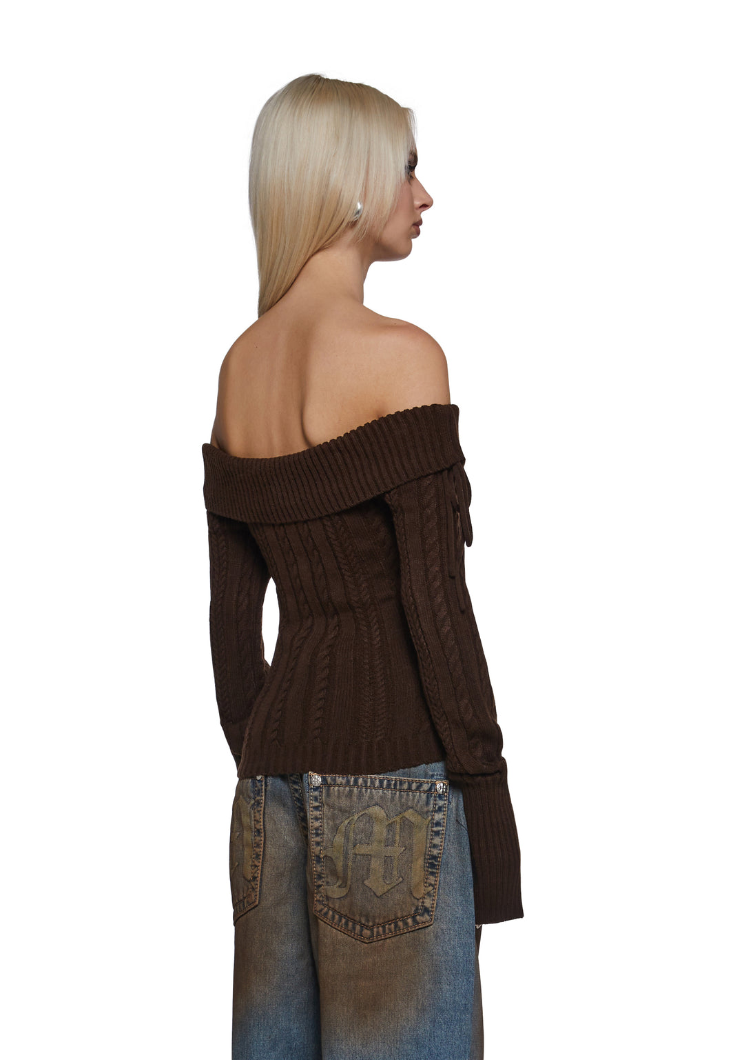 Delia's Academia Cable Knit Off-The-Shoulder Long Sleeve Top - Brown - Image 4