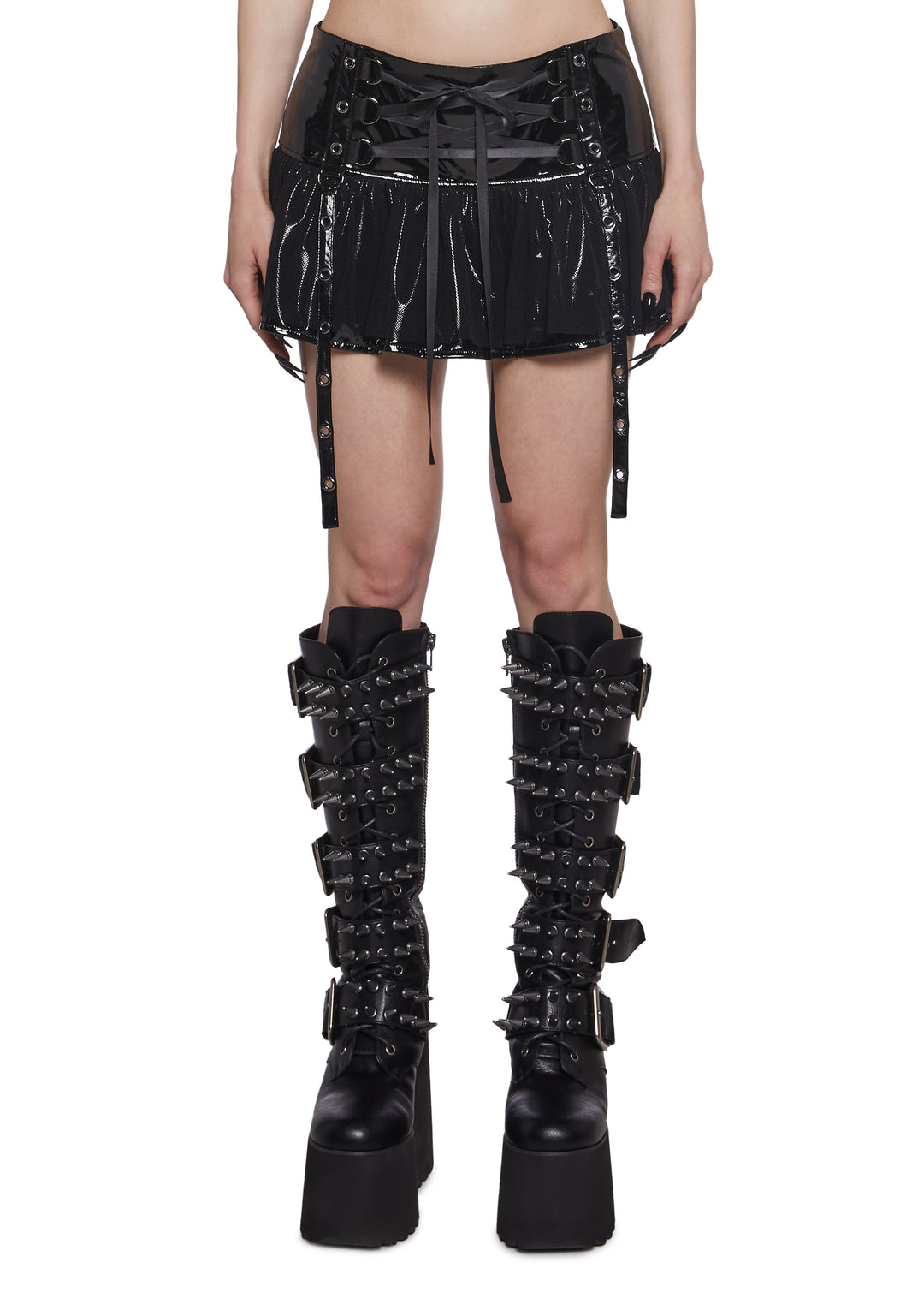Womens PVC Mini Skirt With Mesh Overlay Widow - Black