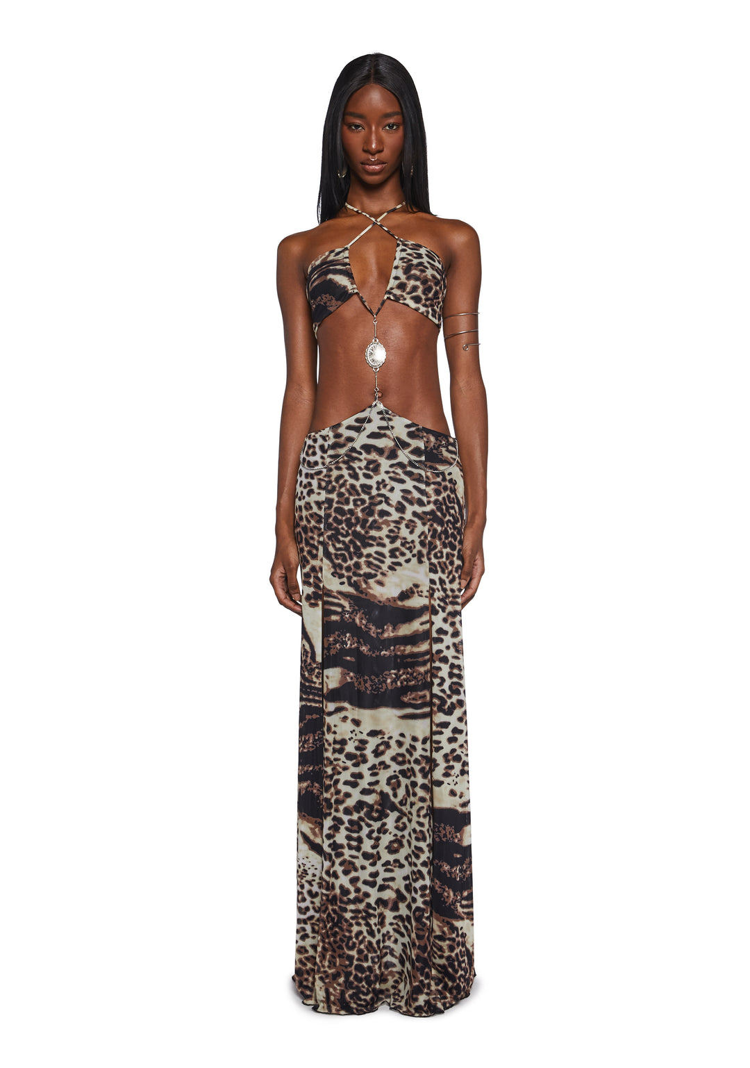 Womens Leopard Print Cut Out Maxi Dress With Chain Charm Generation Kiss - Multi