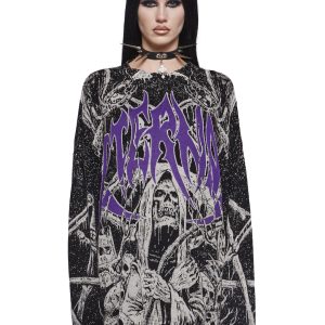Distressed Stretchy Knit Grim Reaper Skull Graphic Print Oversized Sweater Widow - Black
