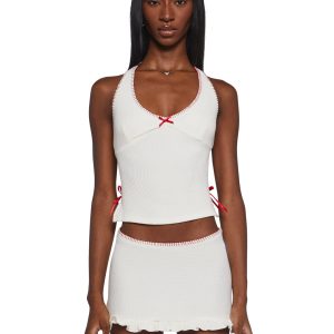 Womens Knit Ribbed Halter Skirt Set - Off White
