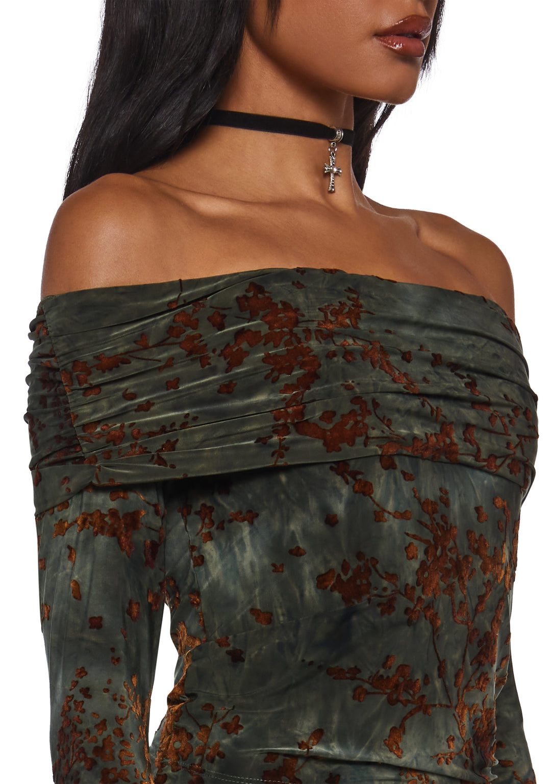 Womens Velvet Floral Filigree Off The Shoulder Top Current Mood - Green - Image 5