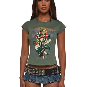 Ed Hardy Sailor Girl Cap Sleeve Tee - Green
