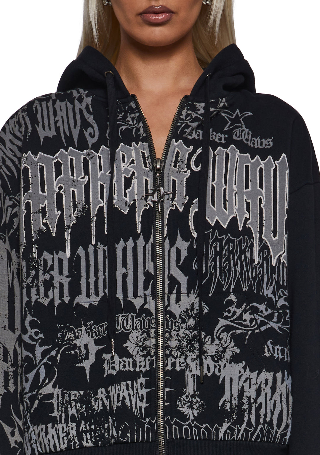 Washed Hoodie With Graphics Darker Wavs - Black - Image 5