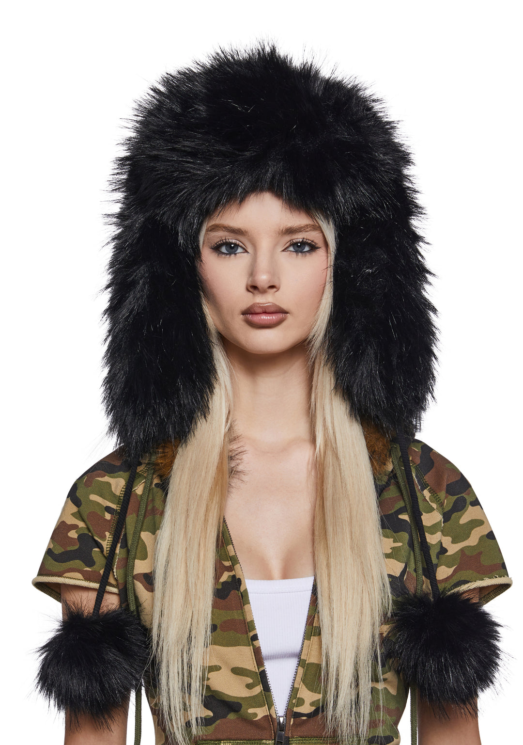 Faux Fur Flap Hat With Pom Poms Generation Kiss - Black - Image 2