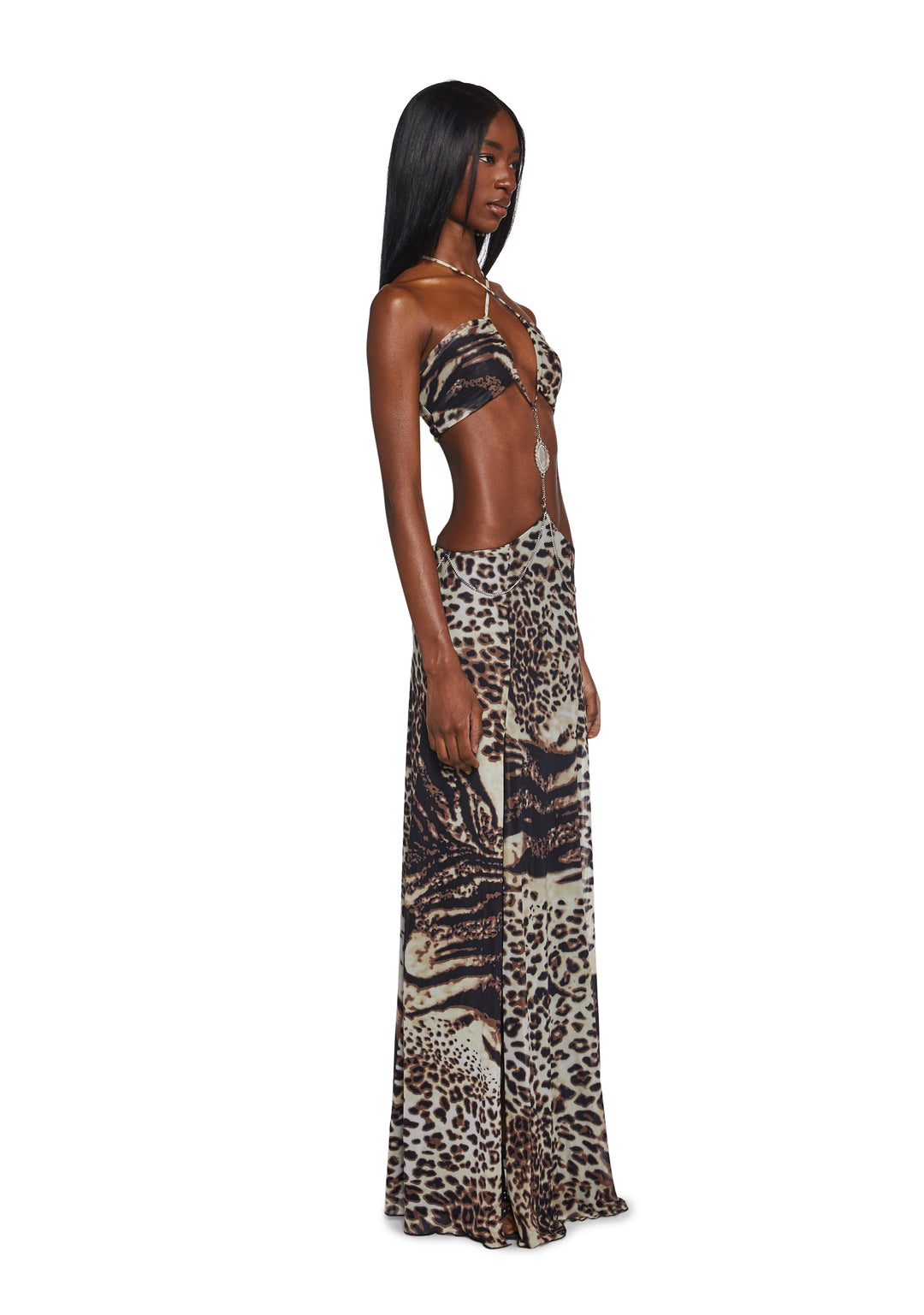 Womens Leopard Print Cut Out Maxi Dress With Chain Charm Generation Kiss - Multi - Image 3