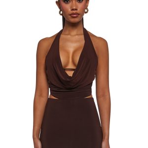 Womens Cowl Neck Top And Skirt Set - Brown