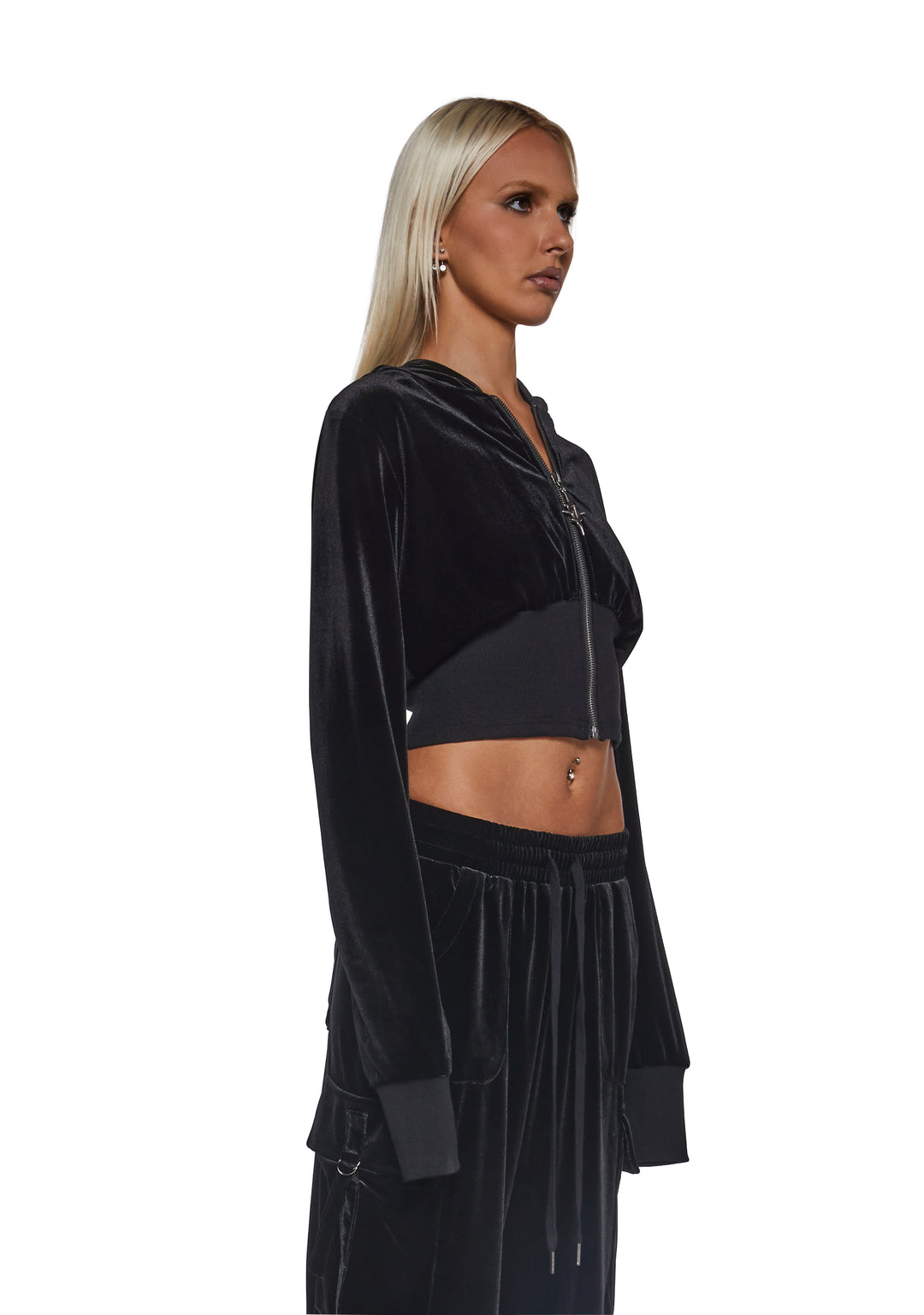 Womens Corsetted Velour Sweatshirt Hoodie Darker Wavs - Black - Image 3