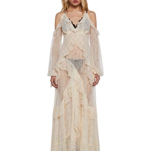 Womens Sheer Floral Lace Maxi Dress With Ruffles Current Mood - Off White