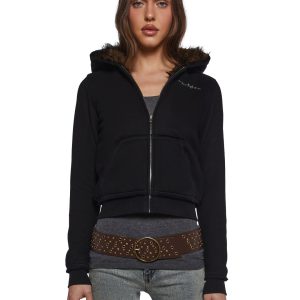 Dolls Kill x Twilight Bella Edward Meadow Fleece Zip Up Hoodie With Faux Fur Hoodie - Black