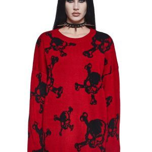 Widow Skull And Crossbones Oversized Knit Sweater - Red