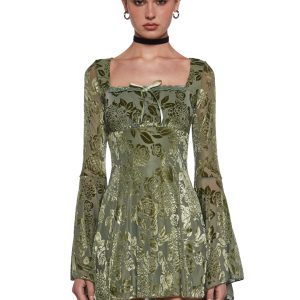 Womens Velour Mesh Floral Mini Dress With Flared Sleeves Current Mood - Multi