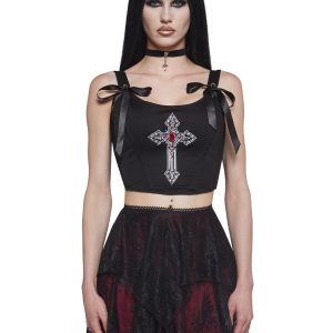 Widow Cross Graphic Ribbon Tie Corset Top - Black