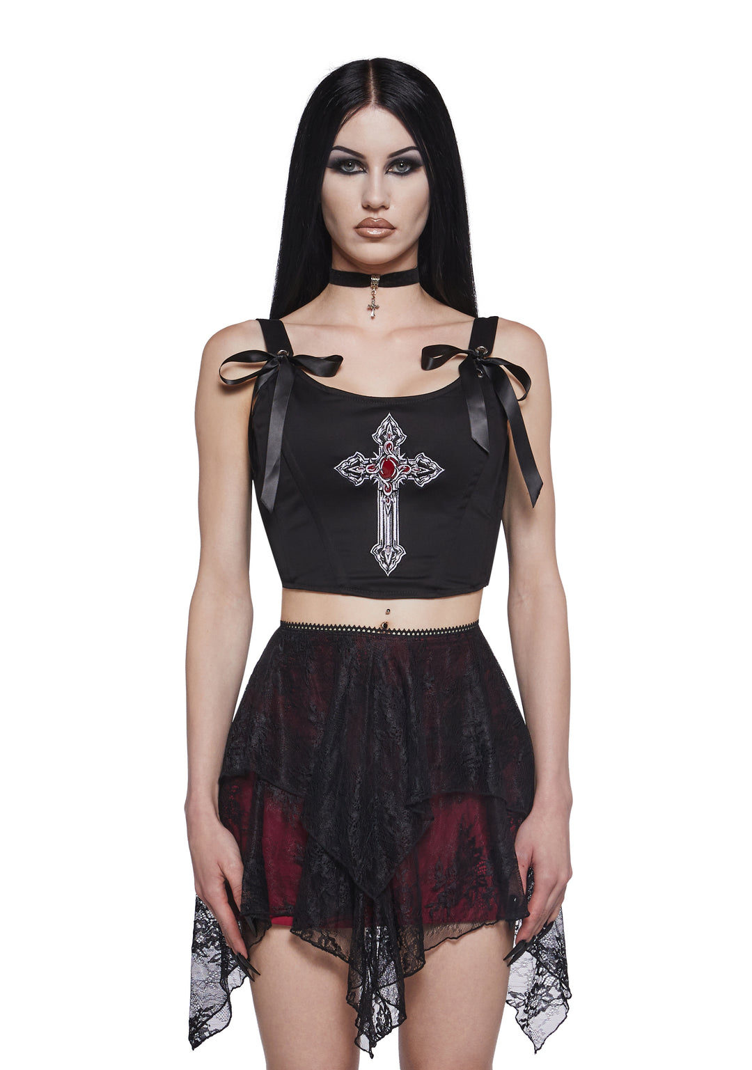Widow Cross Graphic Ribbon Tie Corset Top - Black