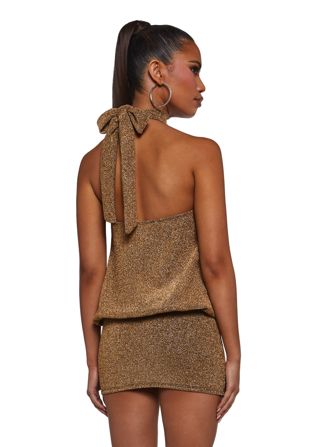 Womens High Neck Glitter Mini Dress - Gold - Image 4