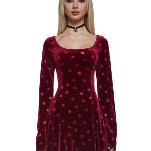 Womens Heart Print Velvet Mini Dress - Red