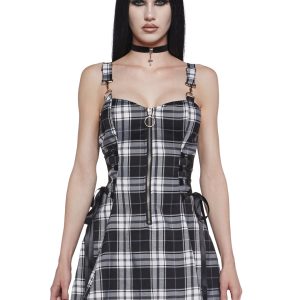 Widow Plaid Lace-Up Sides Mini Dress - Black/White