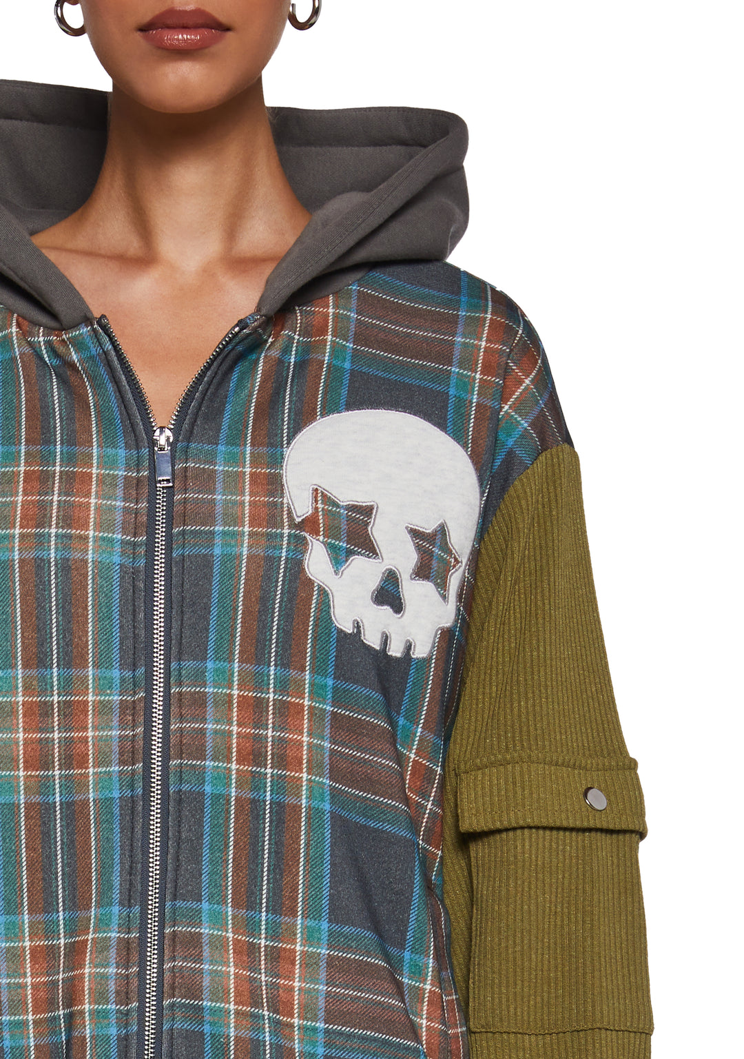 Womens Sexy Plaid Hoodie With Skull And Star Graphics 90s Y2K Current Mood - Multi - Image 5