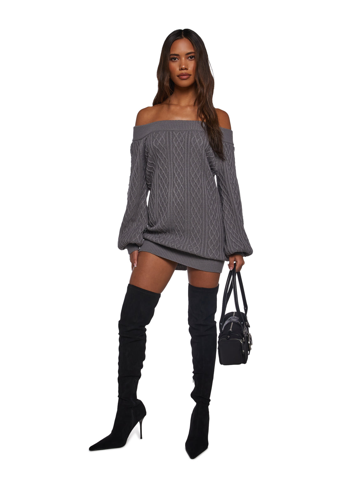 Womens Cable Knit Off The Shoulder Mini Bubble Dress Current Mood - Gray - Image 2