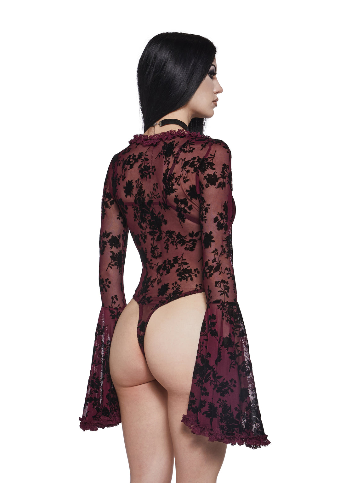 Widow Mesh Bodysuit With Flocked Floral Designs - Red - Image 4