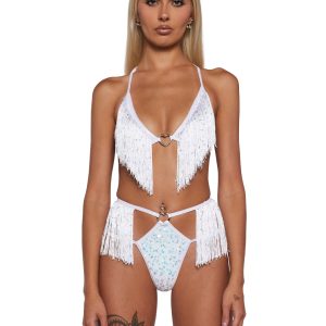 Womens Sexy Fringe Sequin Bra And Shorts Set - White